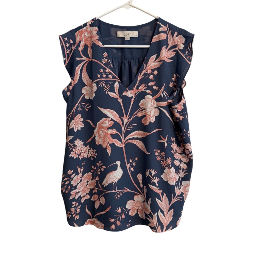 LOFT Navy Grey Pink Floral Bird Sleeveless Top Blouse Women's LP Casual